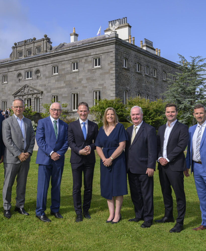 Owen Hughes, Caroline Bocquel and Minister Alan Dillon TD standing on the lawn at Westport House following the announcement of the Westport Estate redevelopment. Pic:Michael McLaughlin
